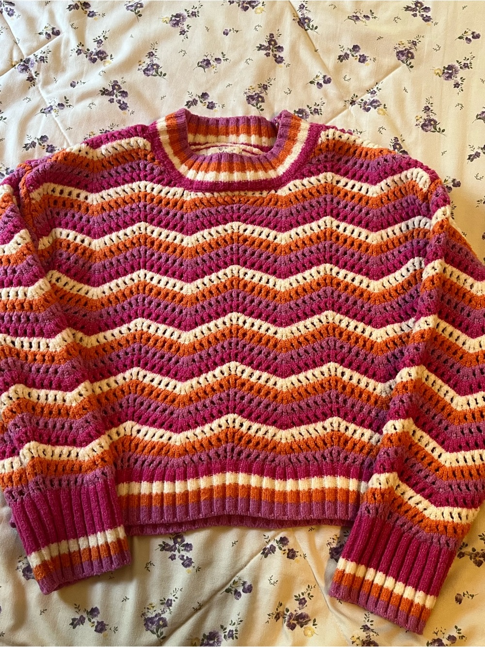 Hippie Rose Crochet Chevron Crewneck Sweater - Pink, Orange & Cream